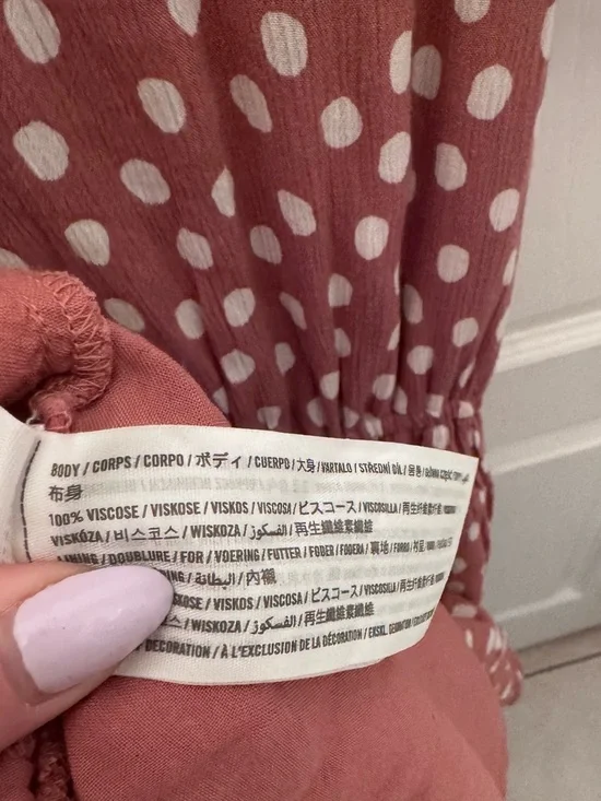 Abercrombie Mauve Polka Dot Mini Dress Cottagecore Ruffle Hem V Neck Size M - Picture 5 of 5